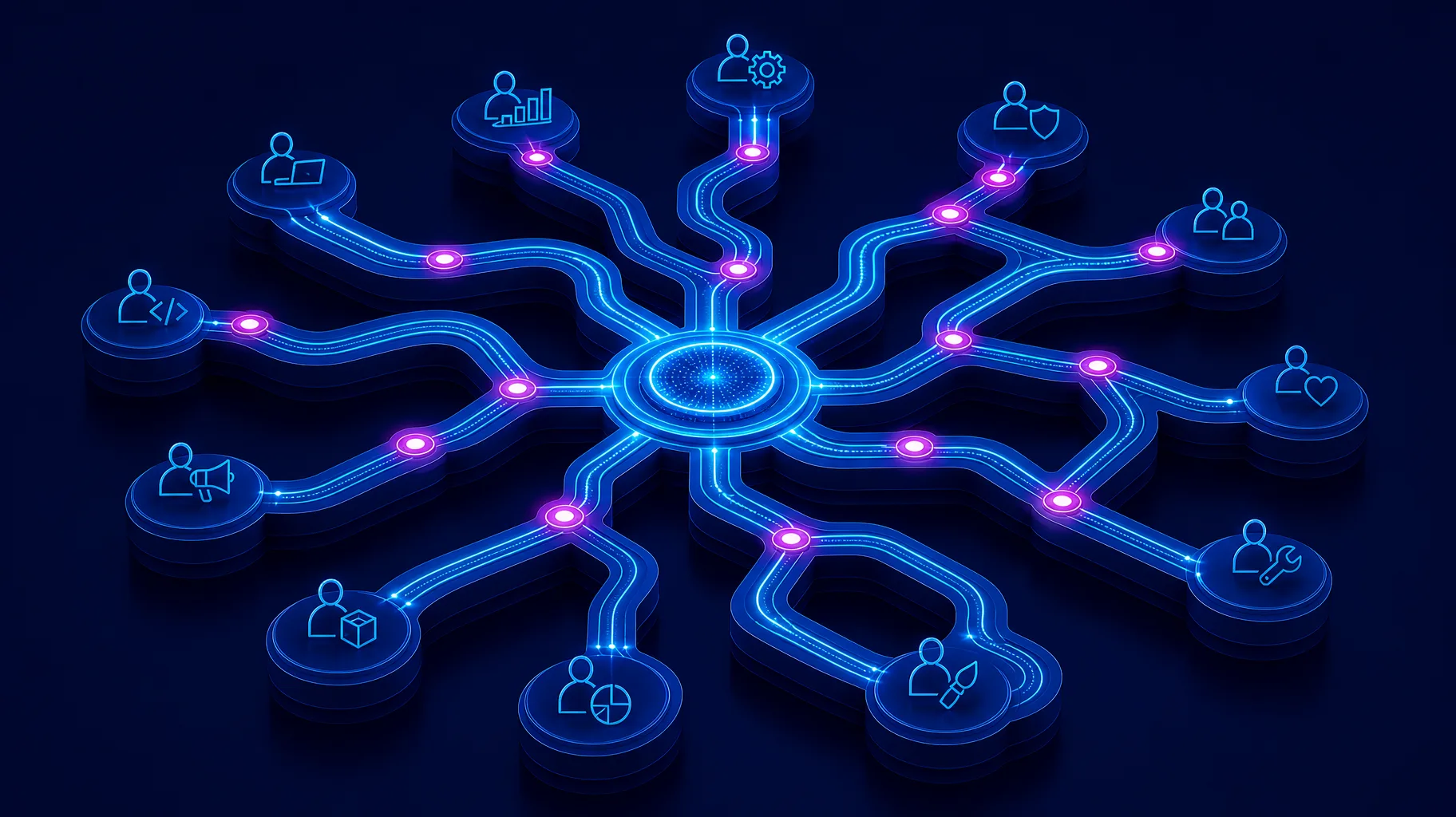 A conceptual illustration showing layered role-specific AI learning pathways mapped across different workforce functions, rendered in deep navy with electric cyan and magenta accents