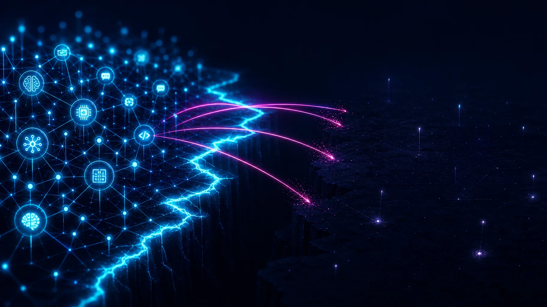 A modern editorial illustration showing a fractured pathway of light representing the gap between AI tool adoption and effective training, rendered in deep navy with electric cyan and vivid magenta accents