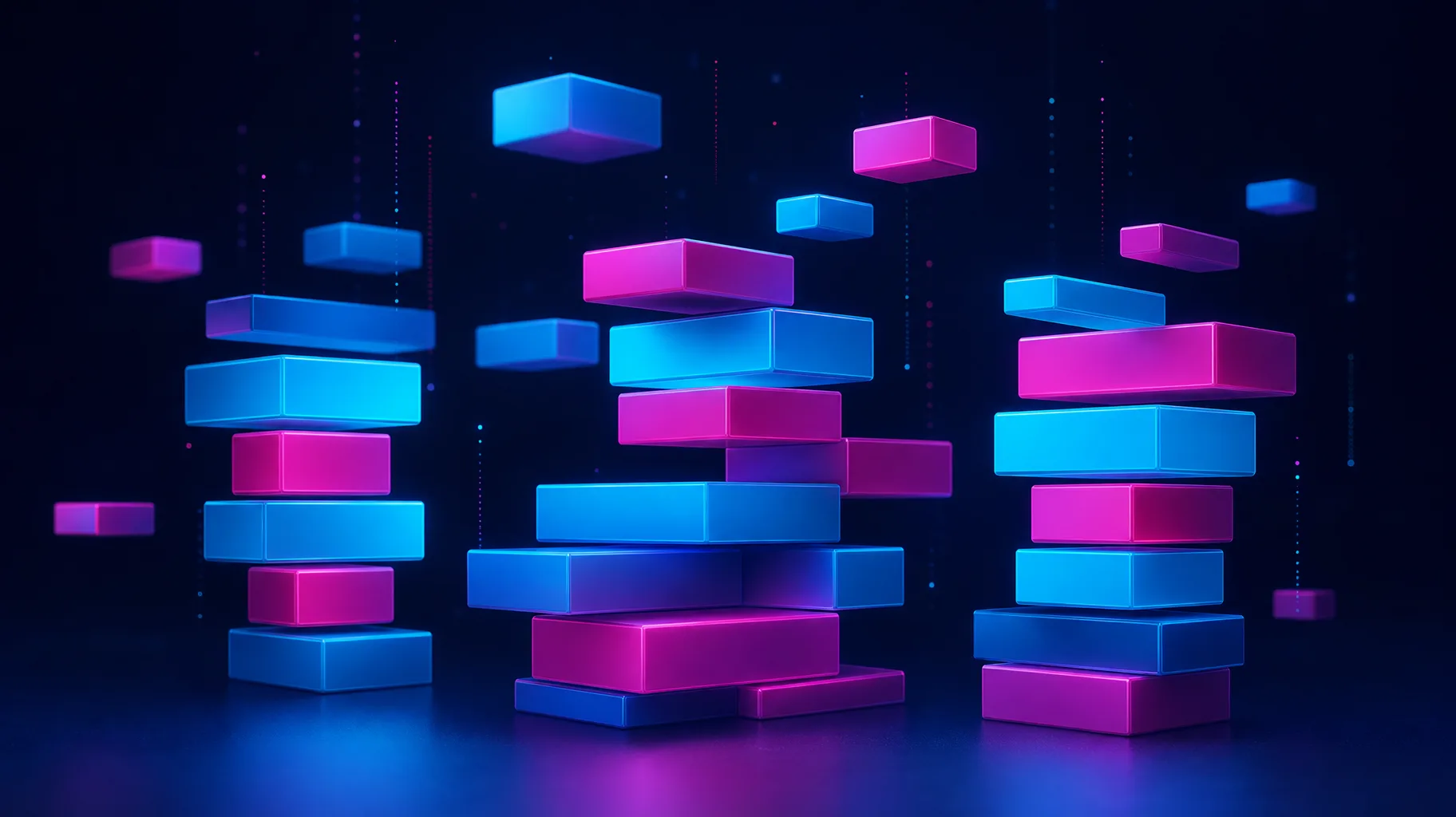 A modern editorial illustration showing modular building blocks of light arranged in a flexible, stackable formation, representing stackable learning pathways, in deep navy with electric cyan and vivid magenta accents