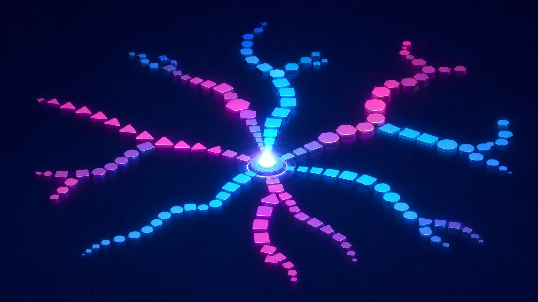 Modular learning pathways branching from a central hub, rendered in deep navy with electric cyan and magenta accents