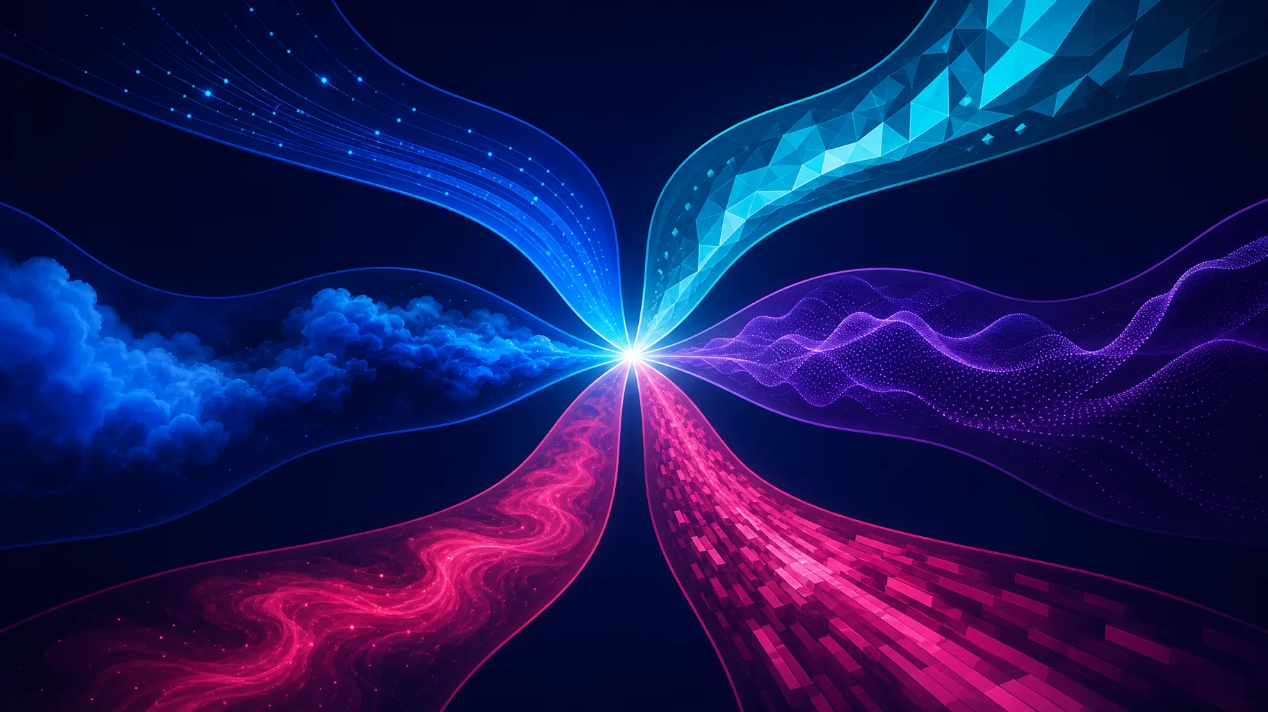 A visual metaphor showing six interconnected pathways converging on a central point, rendered in deep navy with electric cyan and vivid magenta accents, representing a structured compliance framework