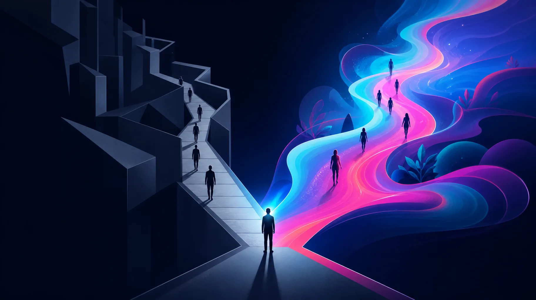 A modern editorial illustration showing two contrasting pathways: one rigid and label-driven, one flexible and human-centred, rendered in deep navy with electric cyan and vivid magenta accents