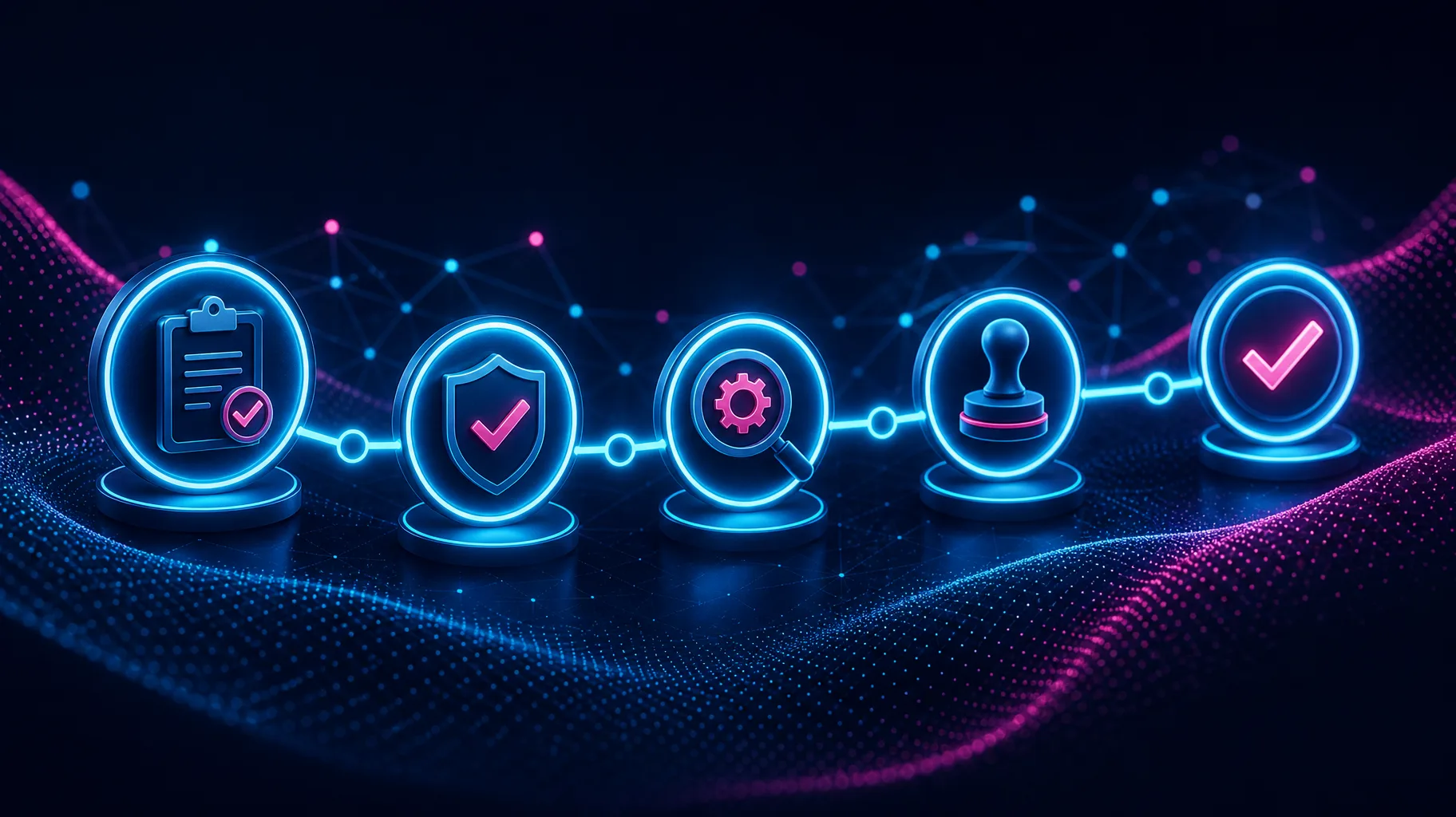 A structured digital onboarding pathway illustrated as interconnected nodes in deep navy and electric cyan, representing sequential compliance milestones