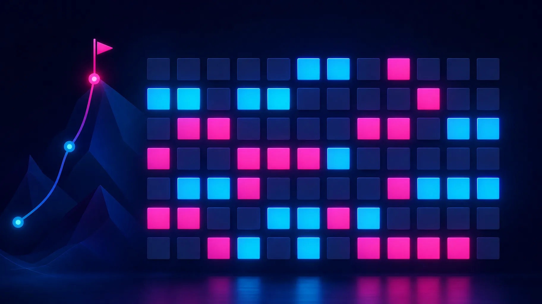 An LMS dashboard visualised as a glowing grid of completion indicators in electric cyan and magenta against a deep navy background, showing structured progress tracking